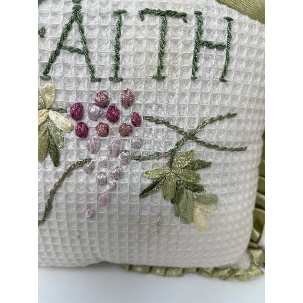 Vintage Faith Hope Embroidered Waffle Weave Ruffle Accent Pillows Set of 2 Cream